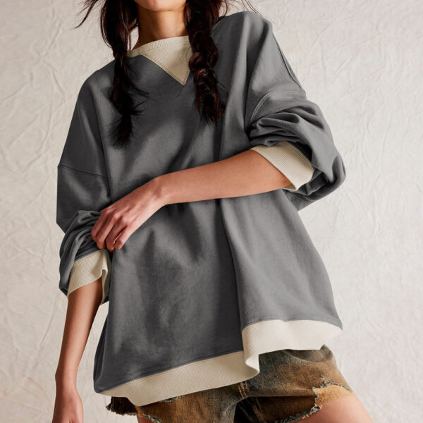 Fashion Color-matching Pullover Sweatshirt Street Casual Loose Lantern Sleeve Tops Sports Womens Clothing - Image 6
