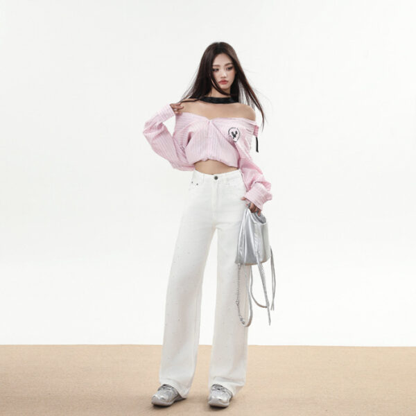 Winter Trend Rhinestone White Soft Wide Leg Mopping Jeans Trousers Lengthened - Image 3