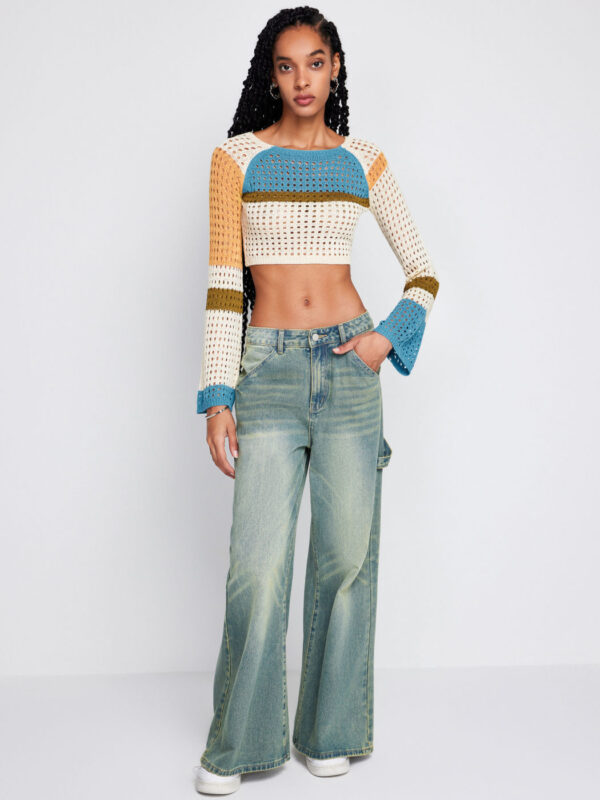 2023 Contrasting Color Stitching Long -sleeved Hollow Sweater Short Waist Knit Sweater - Image 9