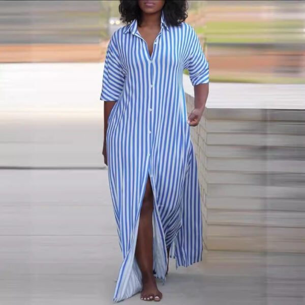 Loose V-neck Long Striped Shirt Dress Women - Image 3