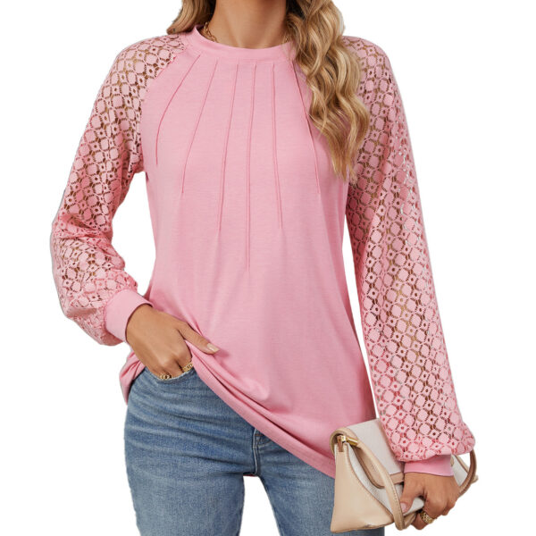 New Lace Long Sleeve Round Neck T-shirt Fashion Loose Solid Color Pullover Top For Womens Clothing - Image 2