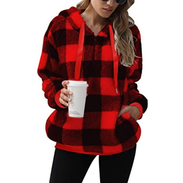 Fashion Plaid Hooded Sweatshirt With Pockets Casual Zipper Plush Tops For Womens Clothing - Image 10
