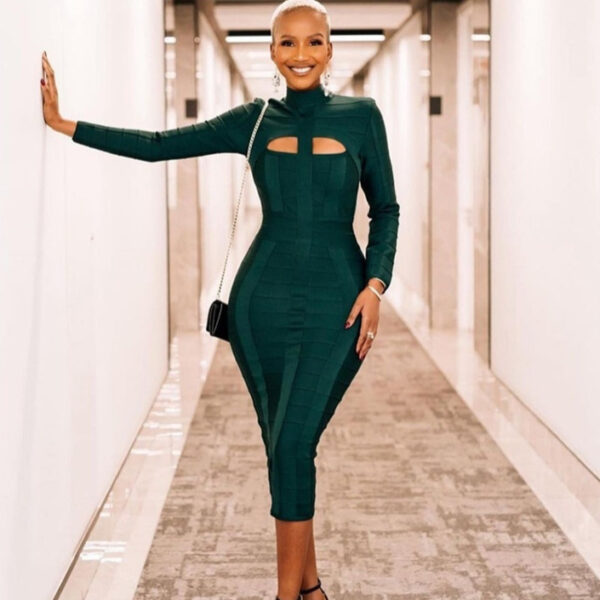 Dark Green Stand Collar Long Sleeve Slim Fit Bandage Dress - Image 8