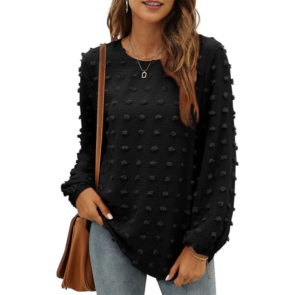 Fashion Jacquard Long-sleeved Round Neck T-shirt Casual Loose Pullover Top Womens Clothing - Image 3