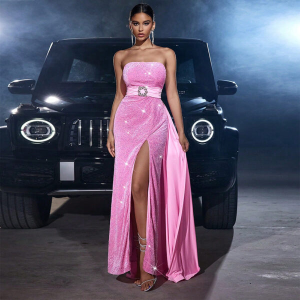 Velvet Sequined Cinched Waist Slim-fit Tube Top Banquet Dress - Image 3