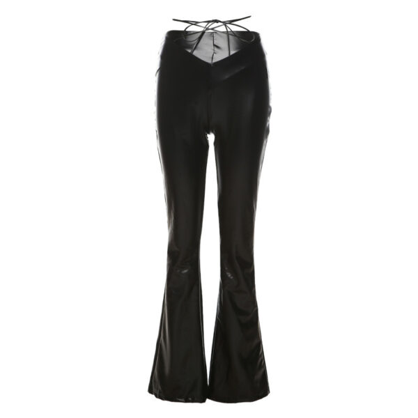 Slim PU Leather Casual Pants With High Waist Straight Leg And Wide Leg Strap - Image 5