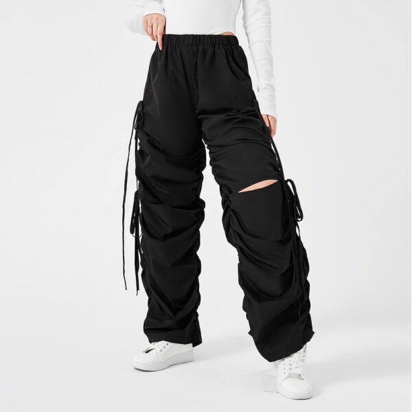 Street Drawstring Hole Casual Loose Wide Legs Cargo Pants - Image 5