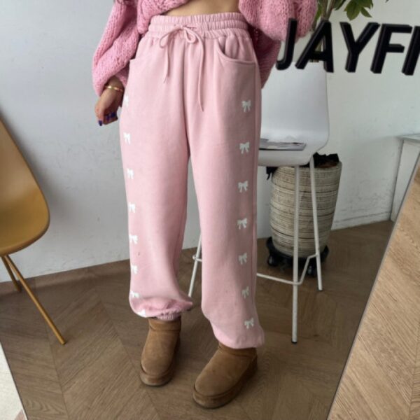 High Waist Elastic Bowknot Printing Plus Velvet Casual Pants - Image 6