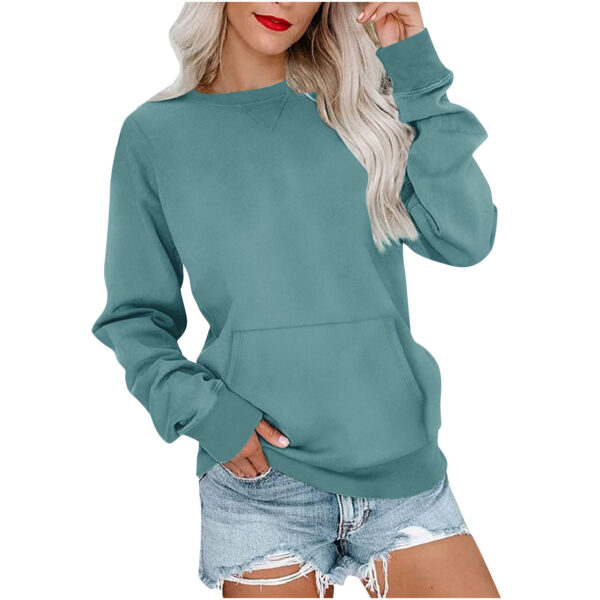 Solid Color Pullover Sweatshirt With Pocket Fashion Loose Round Neck Long Sleeves Top Womens Clothing - Image 7