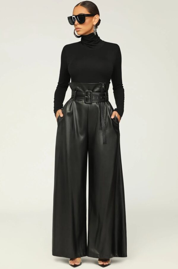 High Waist PU Leather Pants Metal Belt Wide Leg Trousers - Image 3