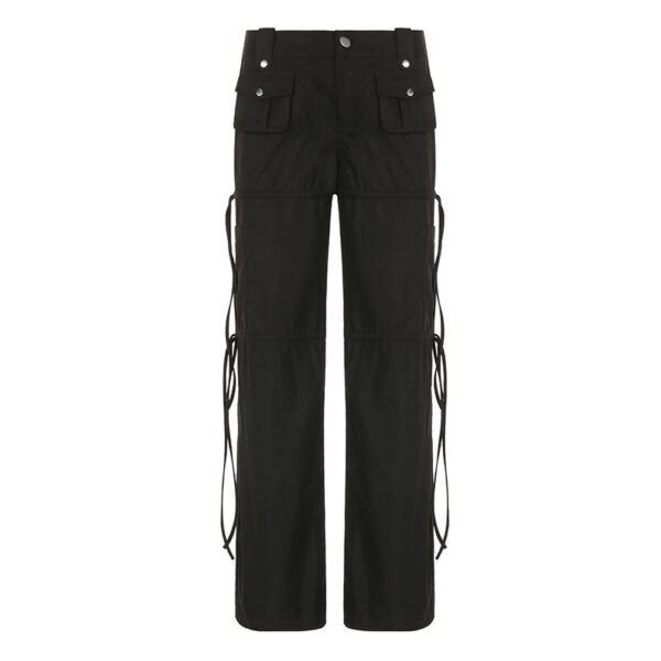 High Street Pocket Ribbon Stitching Straight Black Woven Pants - Image 6