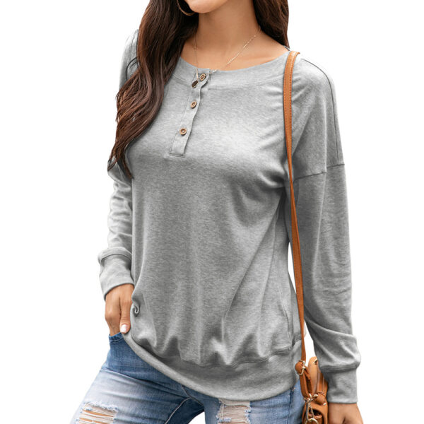Round Neck Button Long Sleeve Casual Pullover Sweater Loose Top Women - Image 2
