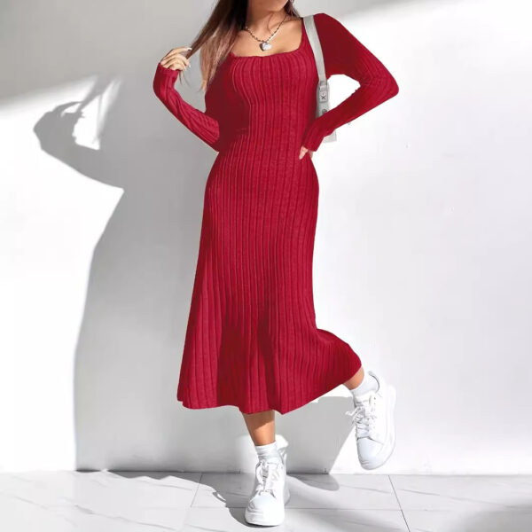 Thread Knitted Sunken Stripe Long Sleeve Big Hem Dress - Image 6
