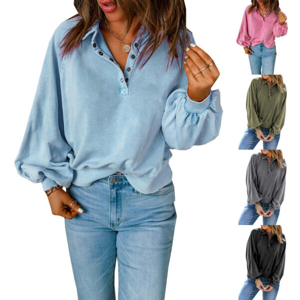 Long-sleeve Blue-dyed V-neck Pullover Sweatshirt