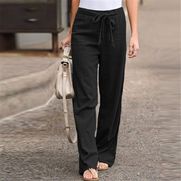 European And American Cotton And Linen Casual Wide-leg Pure Color Elastic Waist Lace-up Loose Women's Trousers - Image 5