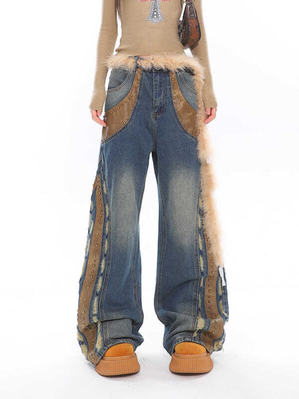 Retro Washed Heavy Niche Deconstructed Leather Patchwork Jeans - Image 2
