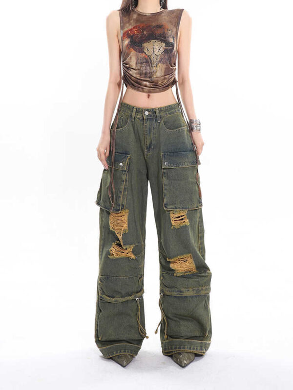 Retro Mopping Waste Jeans Washed And Worn Overalls - Image 4