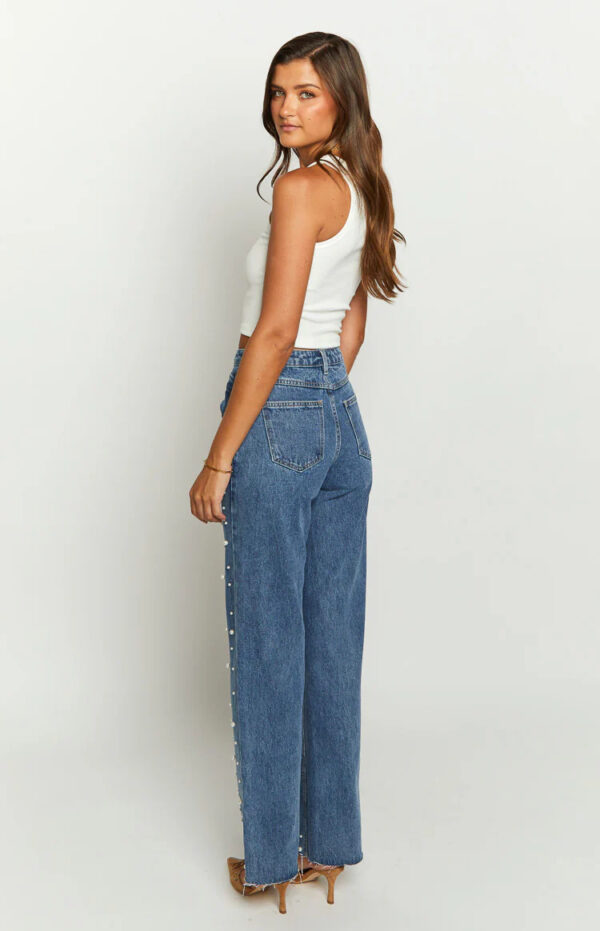 Oblique Waist Cross Beaded Straight-leg Frayed Hem Jeans - Image 2