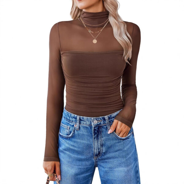 Round Neck Mesh Stitching Sheer Long Sleeve - Image 4