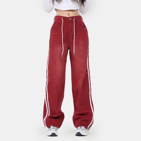 Red Jeans Slimming Edge Strip Lace Up Casual - Image 2