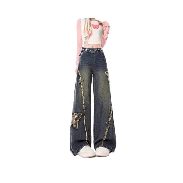 Retro Butterfly Patch Raw Edge Denim New High Street Design Straight Mop Pants - Image 3