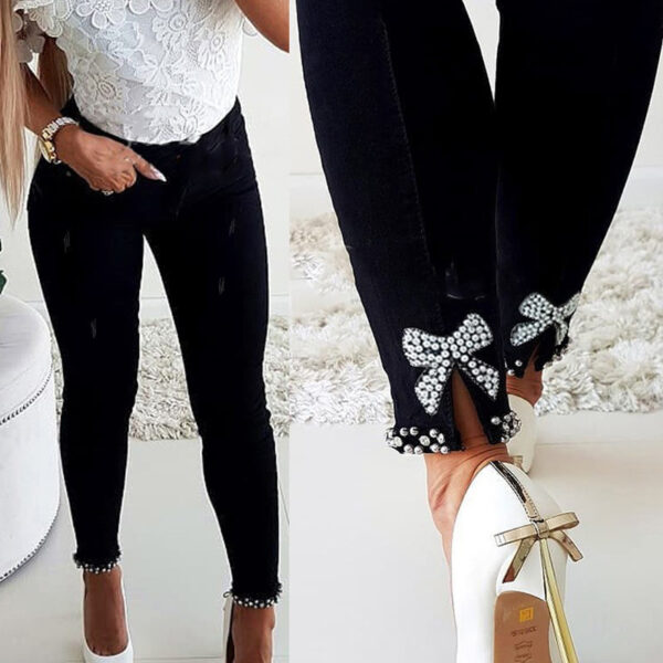 Slim Jeans Women Butterfly Sticky Flower Beaded Split Trousers - Image 4