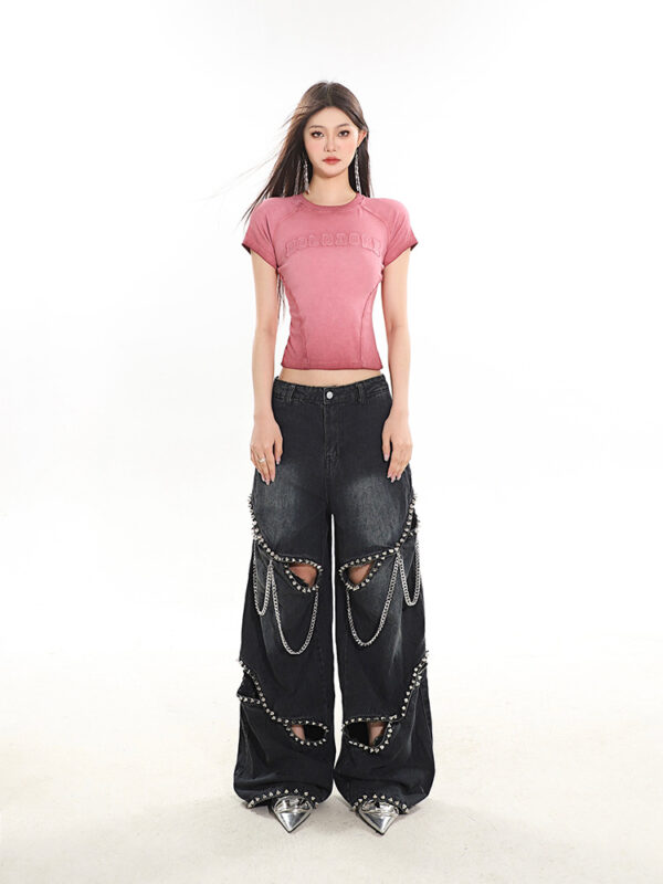 Heavy Industry Metal Rivet Chain Hollow-out Design Jeans - Image 6