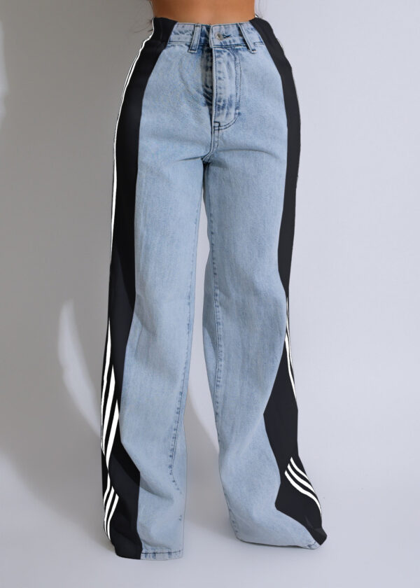 2024 Fashion Casual High Waist Elastic Straight Leg Trousers Three Stripe Patchwork Denim Wide Leg Pants Streetwear - Image 5