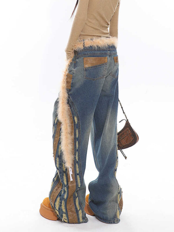 Retro Washed Heavy Niche Deconstructed Leather Patchwork Jeans - Image 4