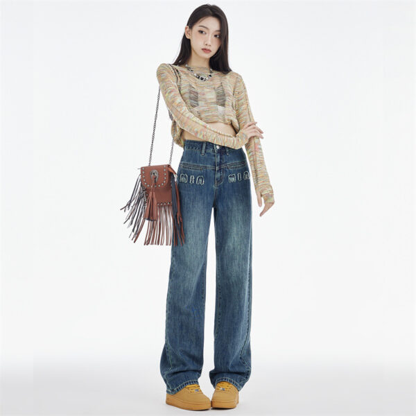 Women's Straight Jeans Dark Blue Embroidered Letters - Image 7