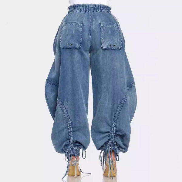 Rope Adjustable Elastic Waist Drawstring Lace-up Ankle-tied Bow Loose Jeans - Image 5