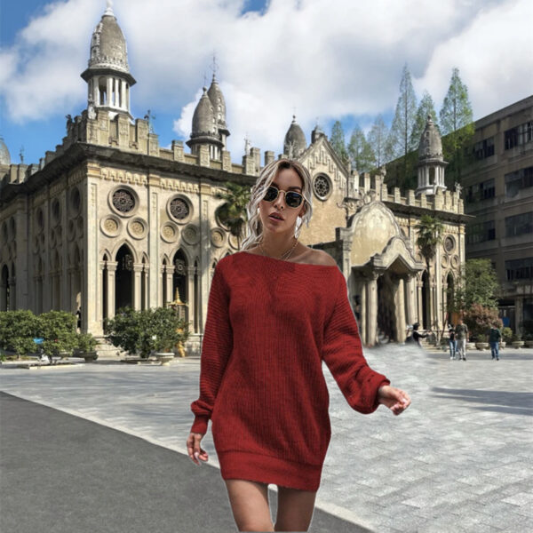 Women's Casual Off-the-shoulder Lantern Sleeve Knitted Sweater Dress - Image 2