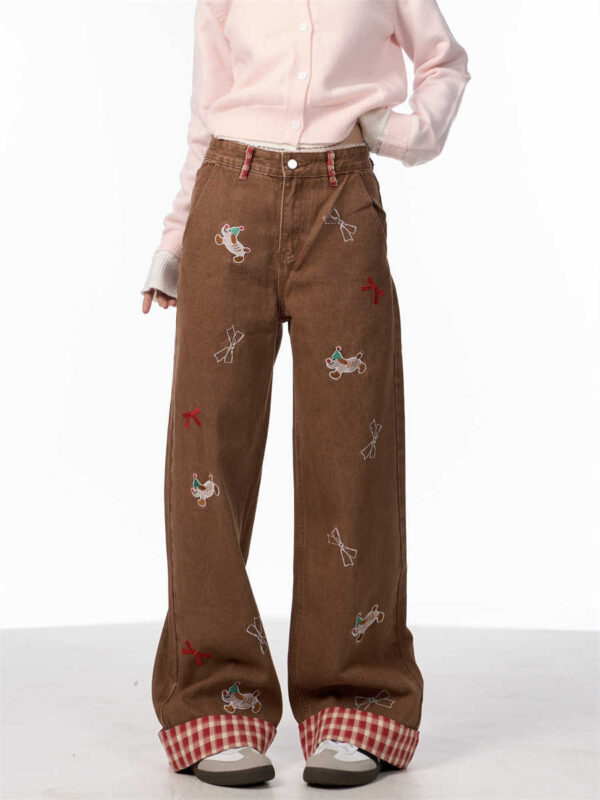 Vintage Bow Puppy Embroidered Wide Leg High Waist Jeans - Image 6