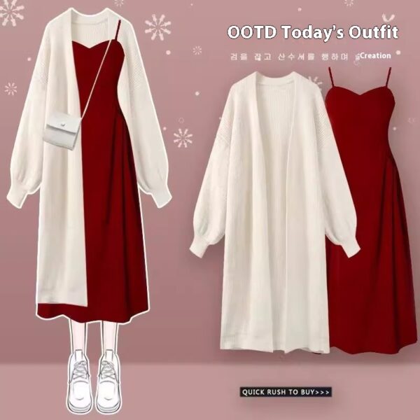 Fall Gentle Style Wear Women's Cardigan Sling Dress Two-piece Set - Image 3