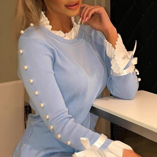 Fashion Blue Stitching Long-sleeved Top - Image 2