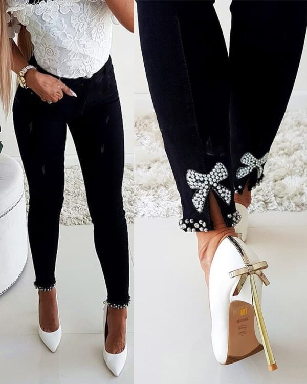 Slim Jeans Women Butterfly Sticky Flower Beaded Split Trousers - Image 3