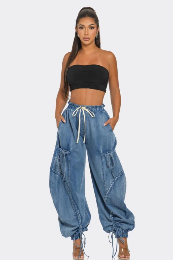 Rope Adjustable Elastic Waist Drawstring Lace-up Ankle-tied Bow Loose Jeans - Image 4