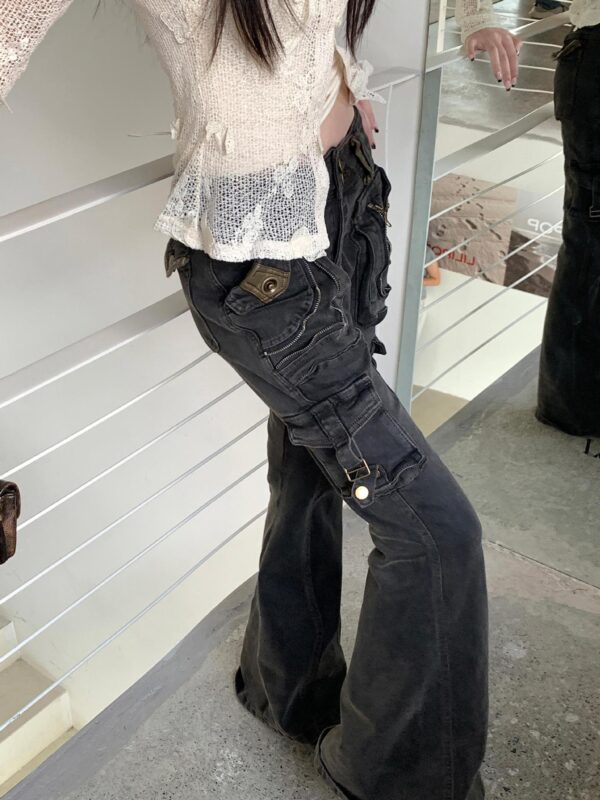 Washed Old Multi-pocket Slightly Flared Jeans - Image 3