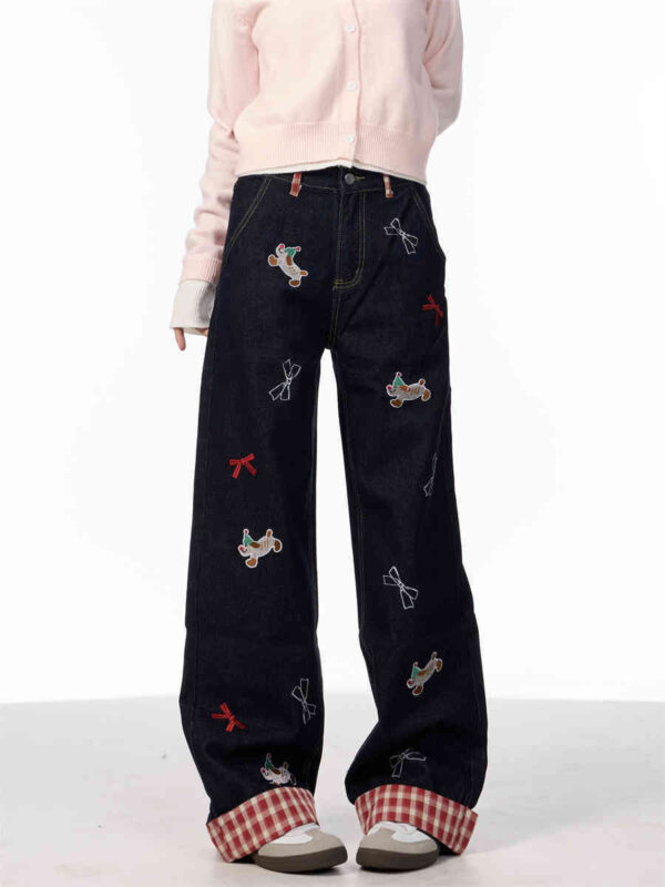 Vintage Bow Puppy Embroidered Wide Leg High Waist Jeans - Image 5