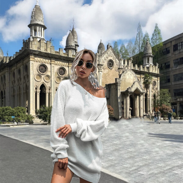 Women's Casual Off-the-shoulder Lantern Sleeve Knitted Sweater Dress - Image 4