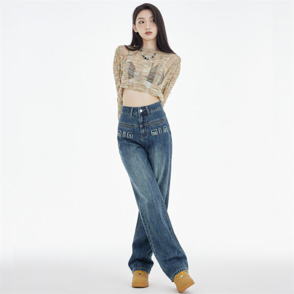 Women's Straight Jeans Dark Blue Embroidered Letters - Image 4