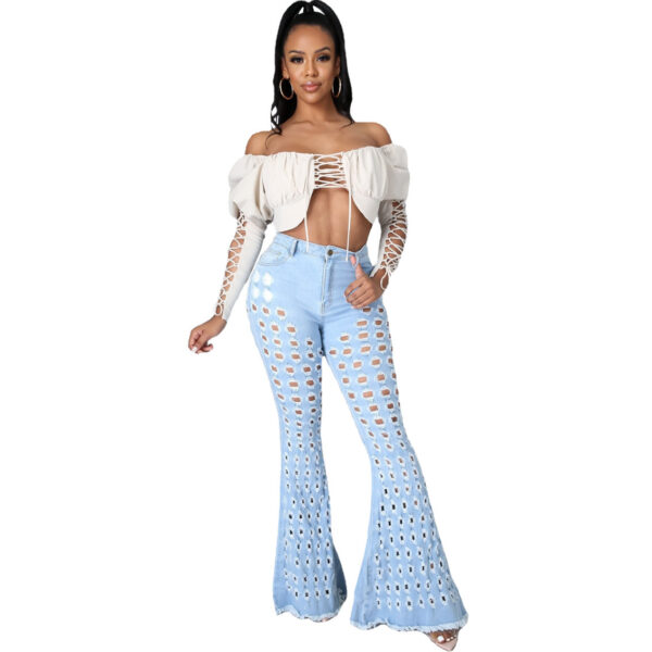 Women's Washed Hole Sanding Sexy Stretch Denim Bell-bottom Pants - Image 6