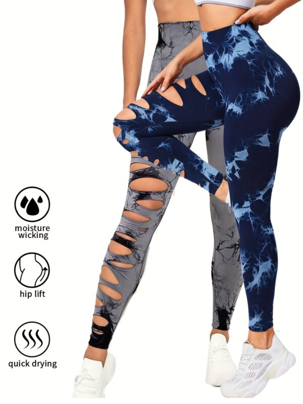 2 Pack Hollow Sexy High Elastic Women's Tie Dye Cutout Tights High Waist Workout Yoga Leggings, Scrunch Butt Lifting Elastic Pants, Tummy Control Butt Lifting Workout Yoga Athletic Pants - Image 8