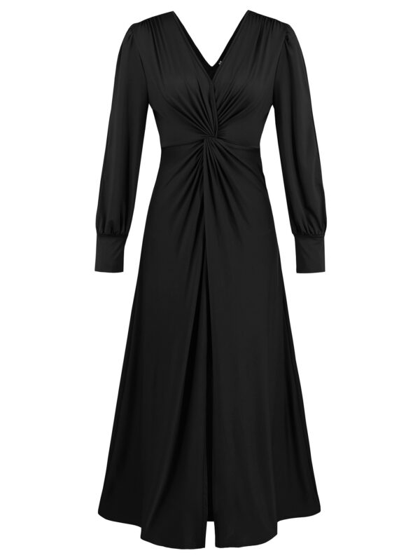 V-neck Pleated Design Chest Twist Split Dress - Image 3