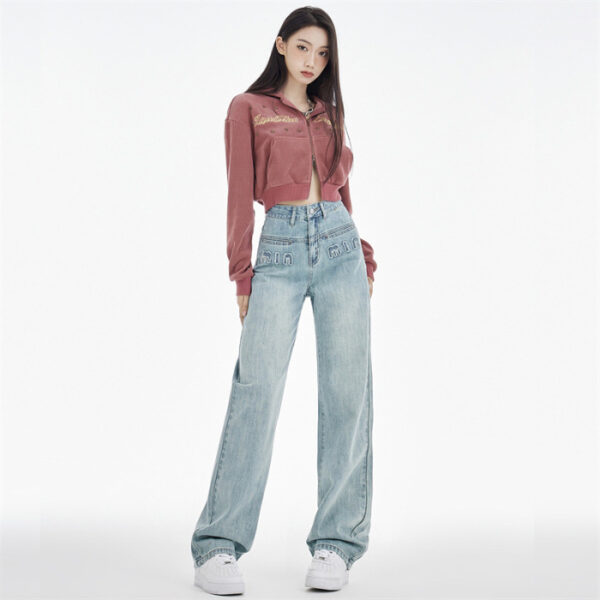 Women's Straight Jeans Dark Blue Embroidered Letters - Image 2