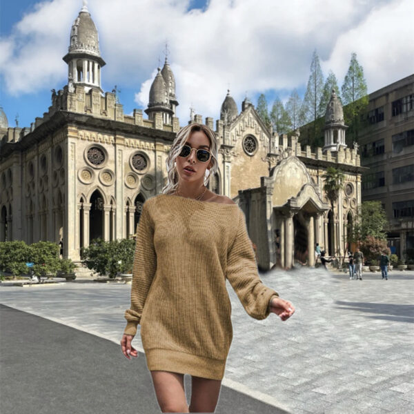 Women's Casual Off-the-shoulder Lantern Sleeve Knitted Sweater Dress - Image 7