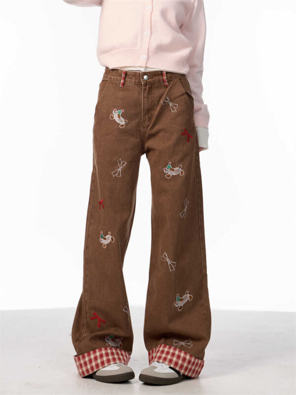 Vintage Bow Puppy Embroidered Wide Leg High Waist Jeans - Image 8