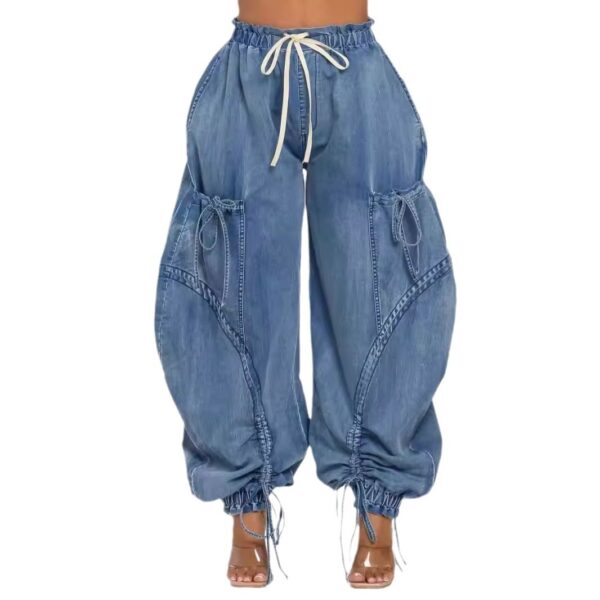Rope Adjustable Elastic Waist Drawstring Lace-up Ankle-tied Bow Loose Jeans - Image 2
