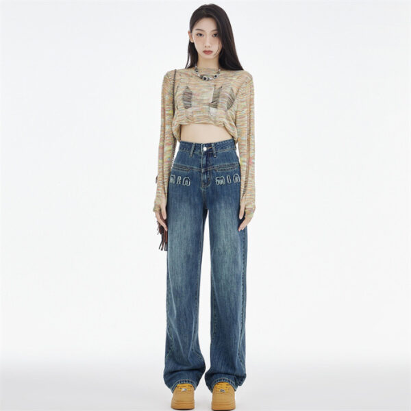 Women's Straight Jeans Dark Blue Embroidered Letters - Image 9