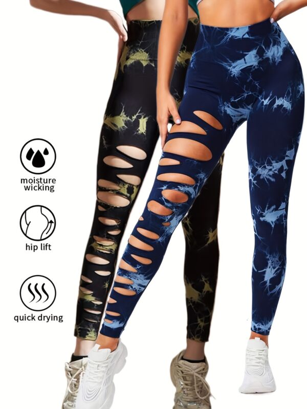 2 Pack Hollow Sexy High Elastic Women's Tie Dye Cutout Tights High Waist Workout Yoga Leggings, Scrunch Butt Lifting Elastic Pants, Tummy Control Butt Lifting Workout Yoga Athletic Pants - Image 7